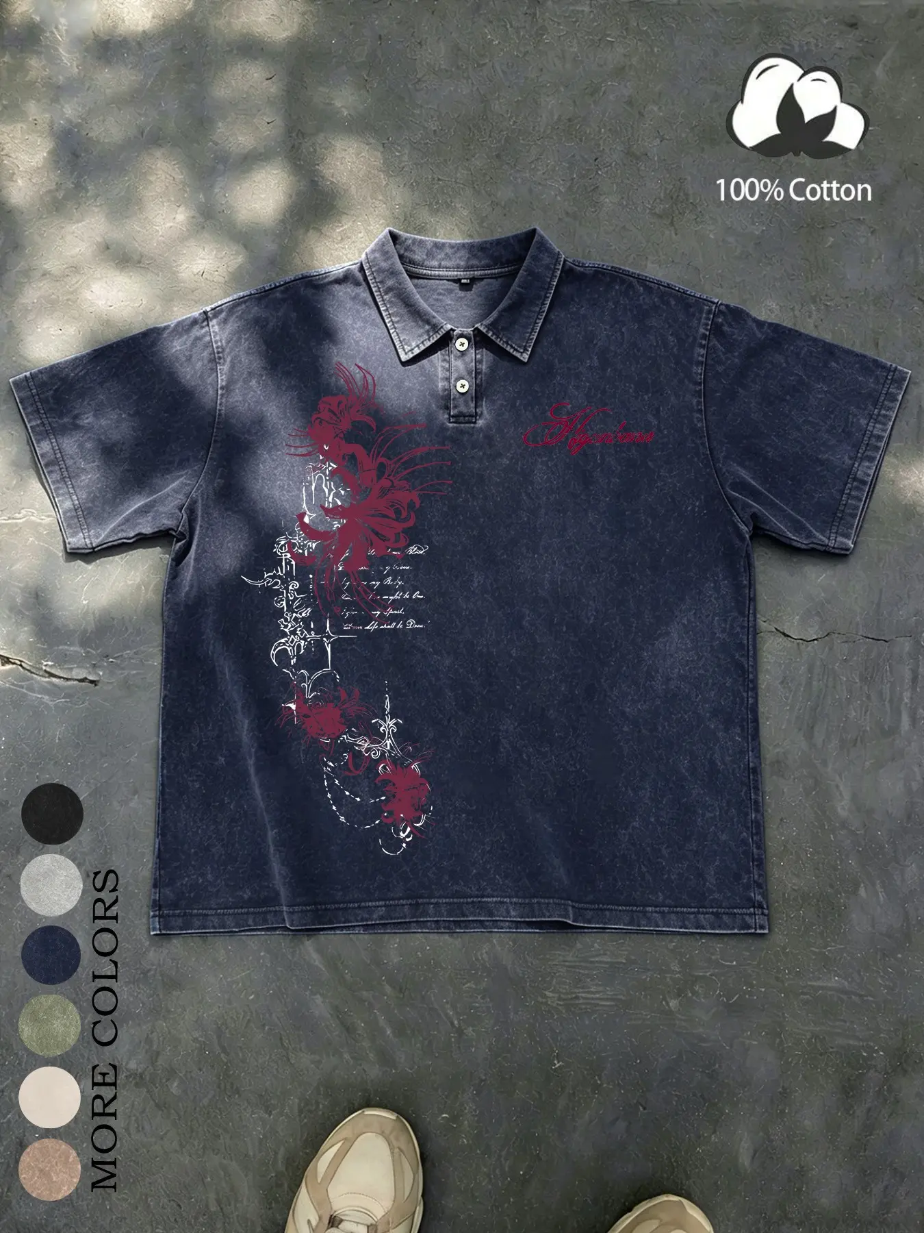 Unisex Dark Gothic High Street Casual Relaxed Fit 100% Cotton Washed Vintage Floral & Spider Print Oversized Polo T-Shirt, Y2K American Retro Streetwear