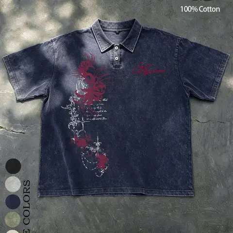 Unisex 100% Cotton Washed Vintage Spider Lily Print Oversized Polo T-Shirt | Y2K Dark Gothic High Street American Retro Streetwear Top