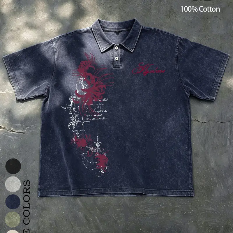 Unisex 100% Cotton Washed Vintage Spider Lily Print Oversized Polo T-Shirt | Y2K Dark Gothic High Street American Retro Streetwear Top