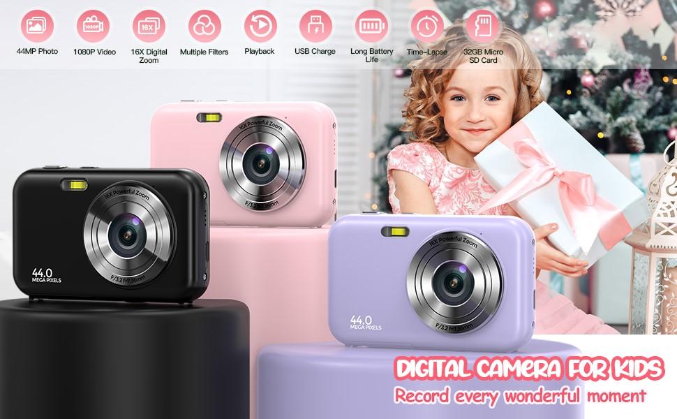 Camkory Newest Upgraded Digital Camera – Perfect Pocket Size! Compact & Portable Vlogging Camera with 32GB Card, Self Timer, 16X Zoom, Anti-Shake, Lanyard【Violet Purple】