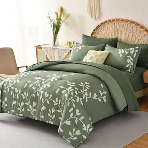 Queen Size Comforter Set - 7 Piece Floral Botanical on Green Comforter Sets with Sheets and Pillows, Soft Lightweight Microfiber Bedding Set for All Season(90"X90")