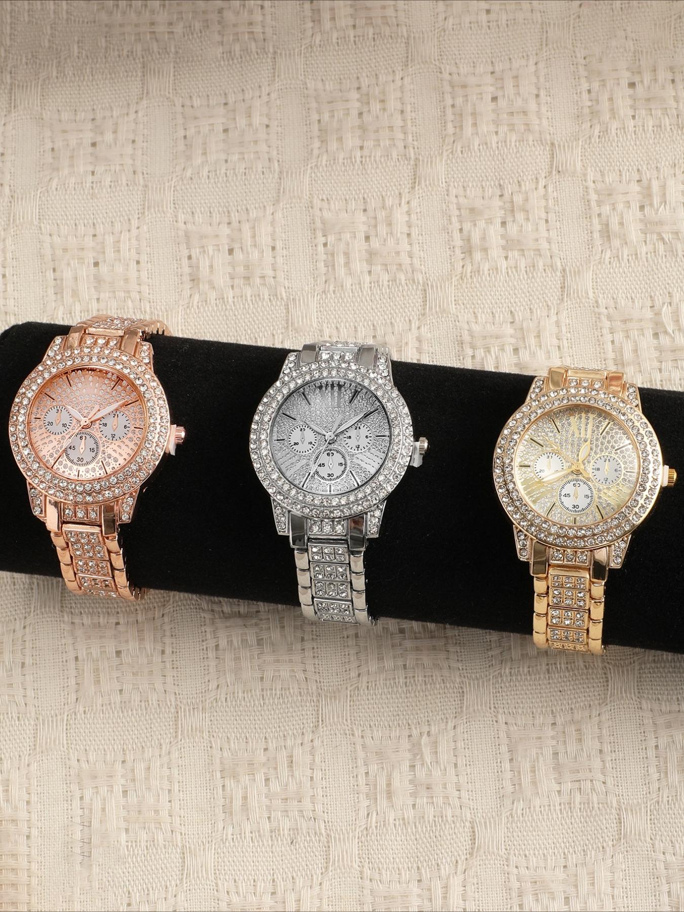 1/3counts Fashion Full Diamond Women's Watch Gold Steel Band Analog Quartz Watches
