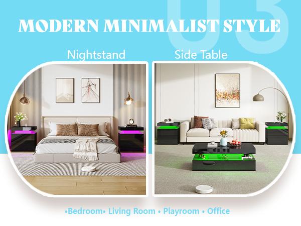 VanAcc High Gloss Nightstand Set of 2 with Charging Station, Modern Bedside Table with LED Lights by App and Remote  Control, Sofa End Side Tables with Drawers, Minimalist Night Stand for Bedroom, Living Room,