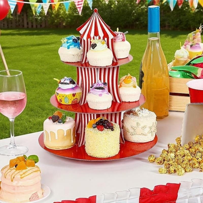 Carnival Theme Cupcake Stand, Circus Clown Tent Three-Tier Paper Birthday Dessert Display Rack, Restaurant Party Decoration
