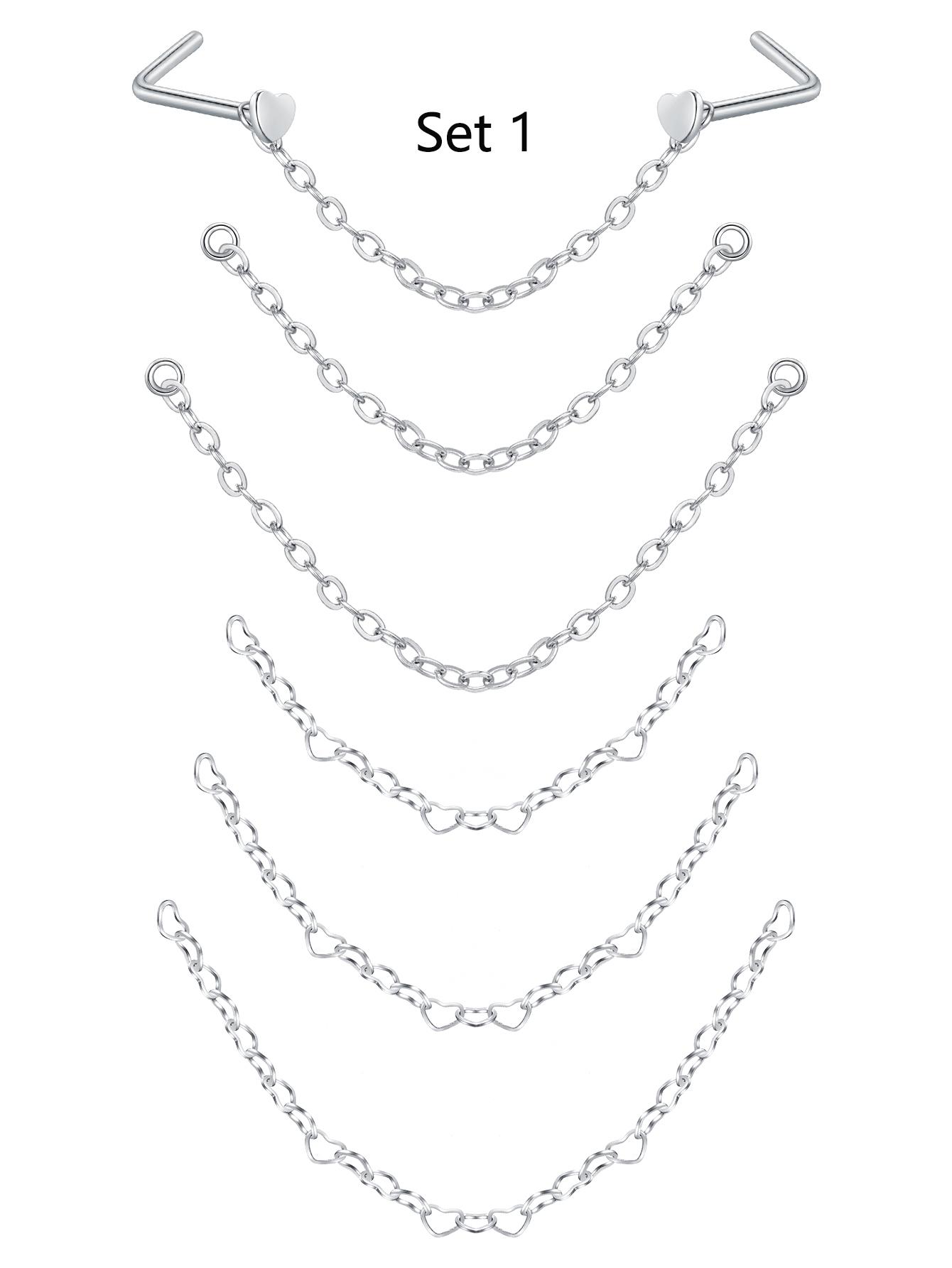 Stainless Steel Cz Nose Chain Piercing, 20g L Bone Shaped Nose Ring Chains for Women, Cz Nose Studs with Chains, Nostril Piercing Jewelry, Nose Piercing Kit