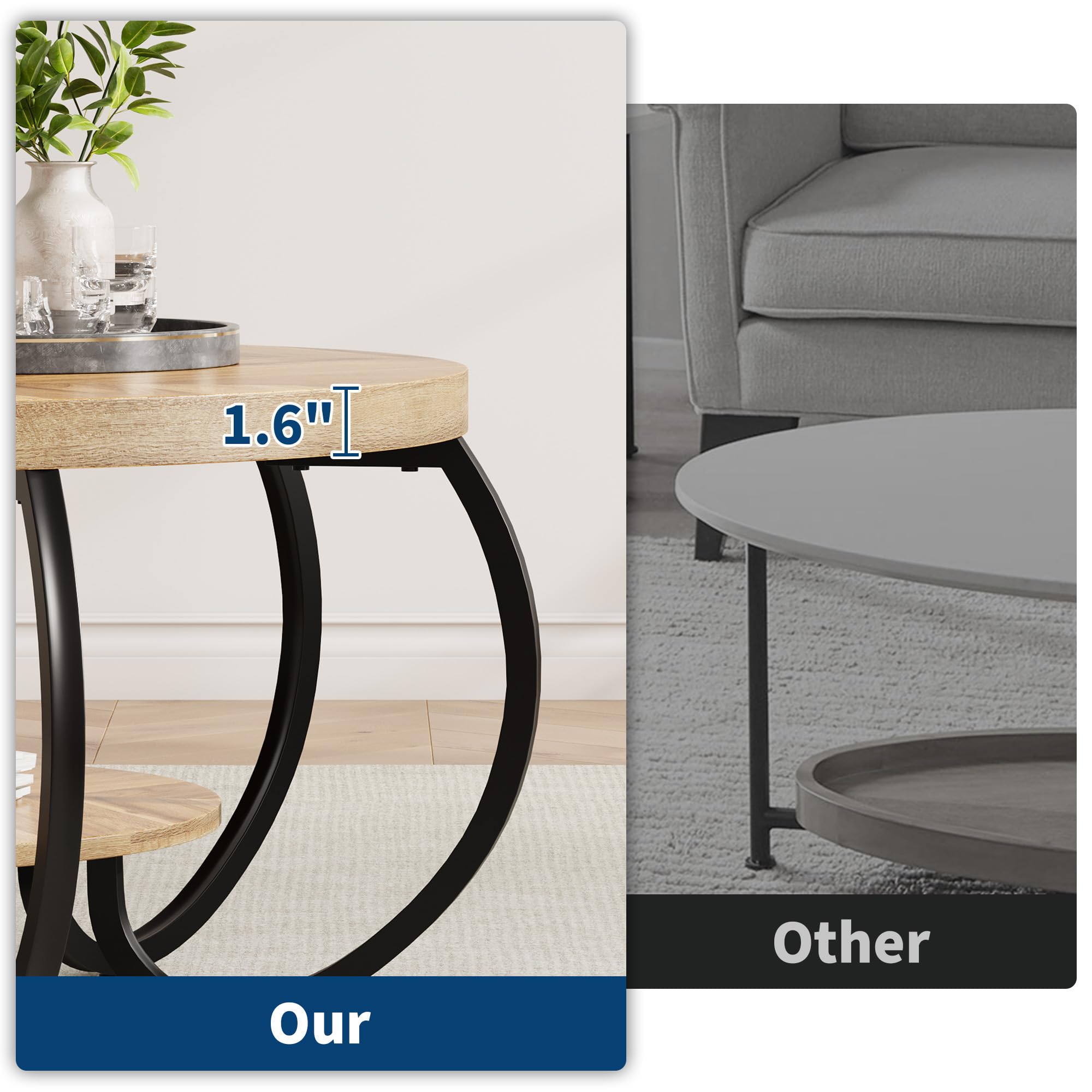 30 Inch Round Farmhouse Coffee Table with Storage Shelf, 2 Tier Rustic Wood Center Table with Curved Metal Legs, Compact Living Room Furniture for Small Spaces Apartments Office