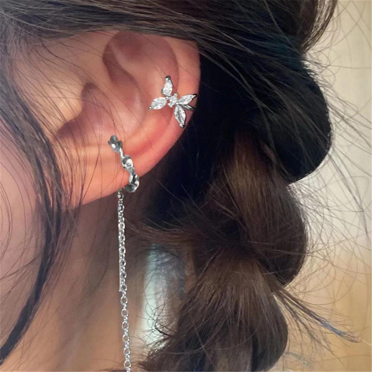 XINYI Y2K Fairy Butterfly Tassel Ear Clips Angel Ear Bone Clip Earring Elf Female Hole Cuff Hanging Earring Fashion Jewelry