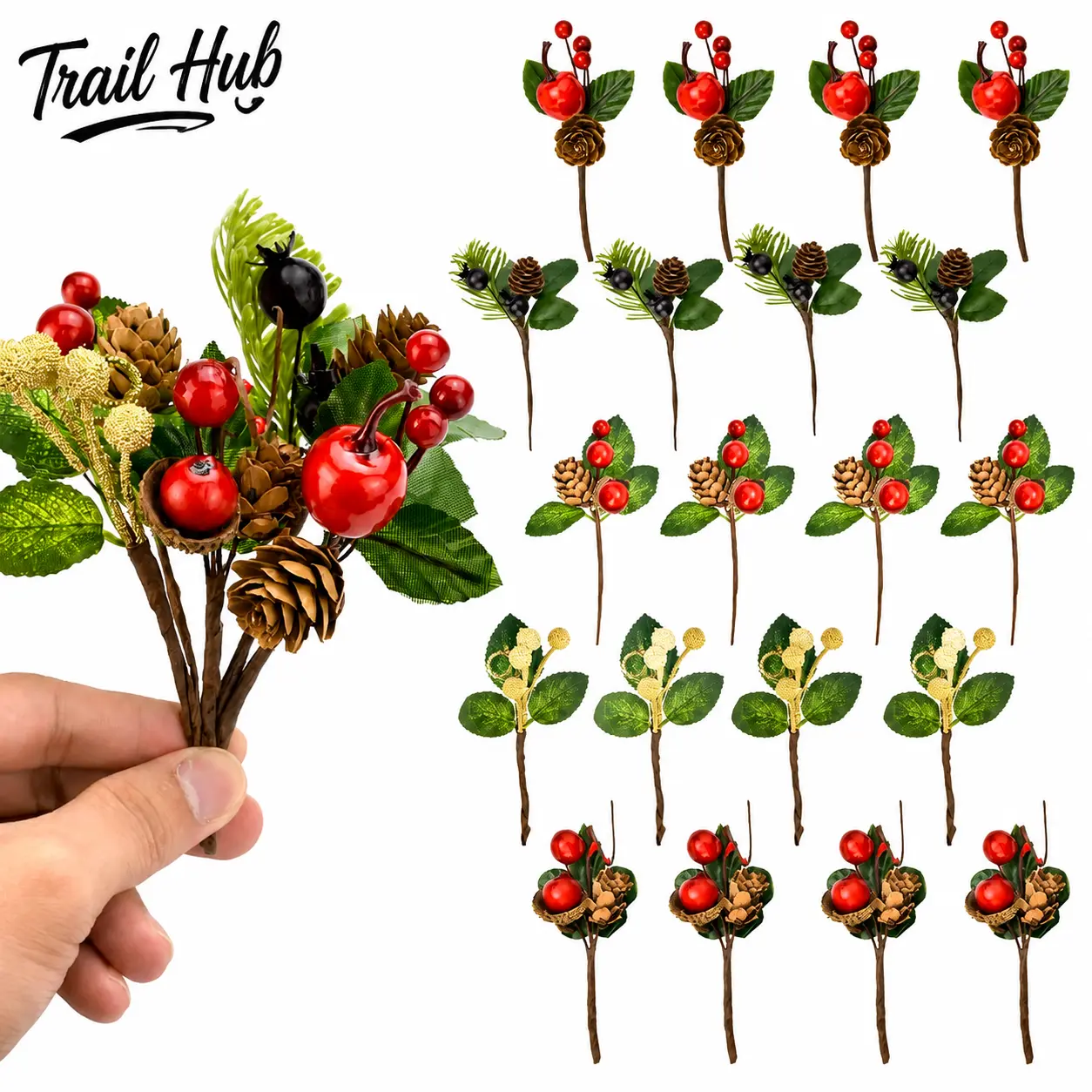 Realistic Artificial Pine Branch with Red Berries and Needle-Like Foliage for Holiday Decor, Festive Wreath Making, Table Centerpieces, Mantel Arrangements, and Indoor Outdoor Christmas Styling