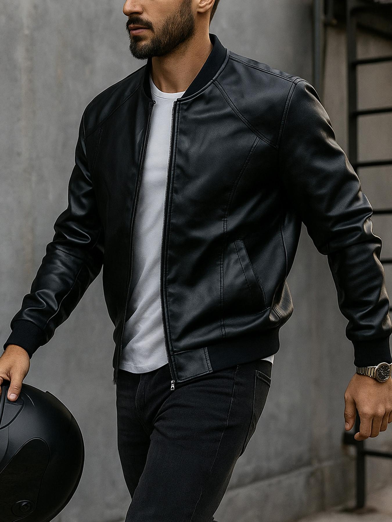 Men's PU Leather Jacket, Fitted Classic Casual Style, Zipper Baseball Collar Coat, Long Sleeve Side Pockets Design, Menswear