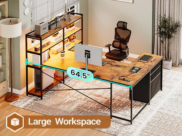 Sedeta 64.5 inch LED L-Shaped Gaming Desk with Storage Wooden Top Metal Frame Space-Saving Corner Desk for Bedroom Office APP Control Adjustable Monitor Arm