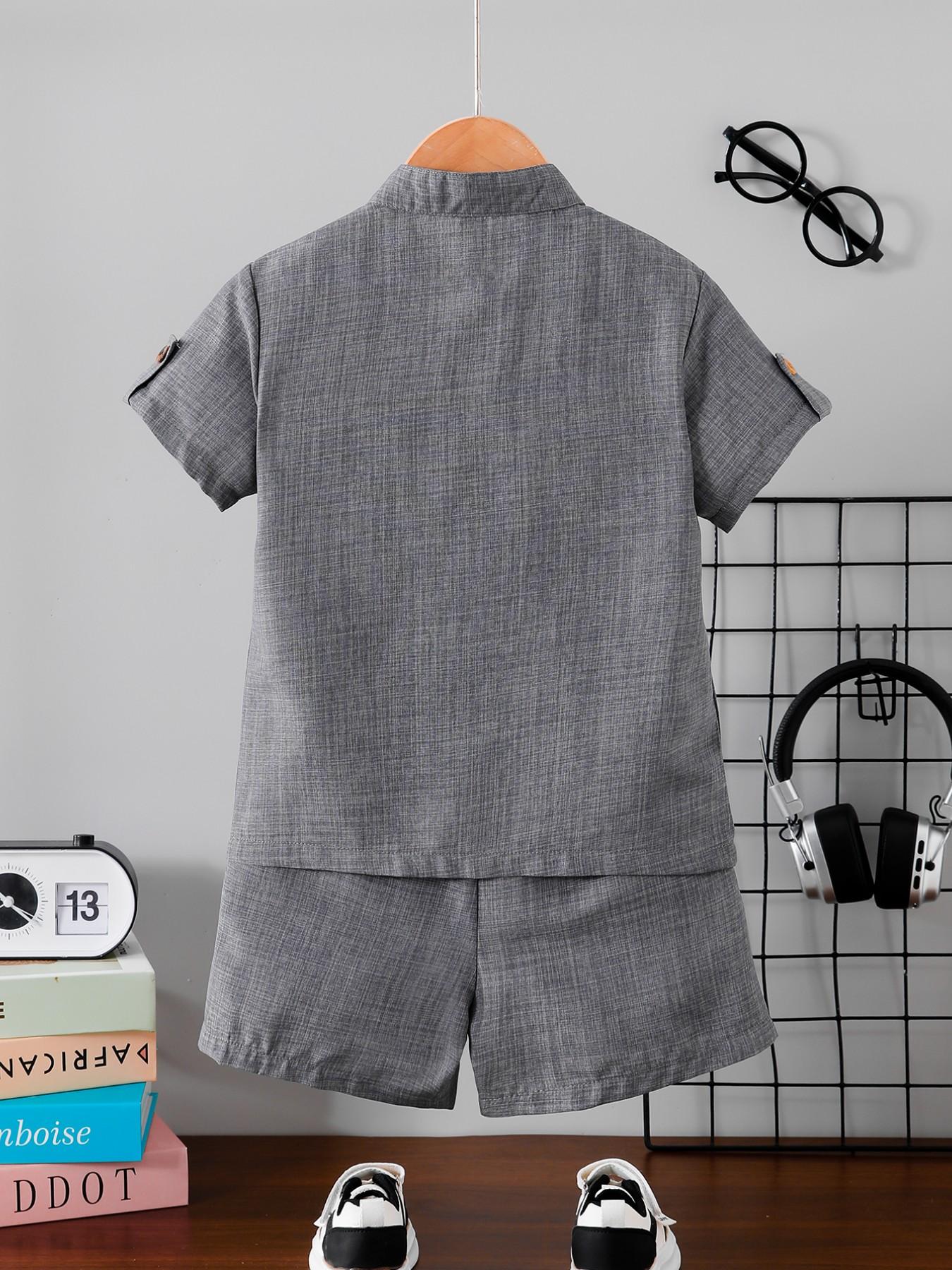 Boys' Summer Fashion Set, Stand Collar Short Sleeve Shirt with Button Half Open Front, Pocket Design, Lightweight Comfortable Shorts, 2-Piece Set