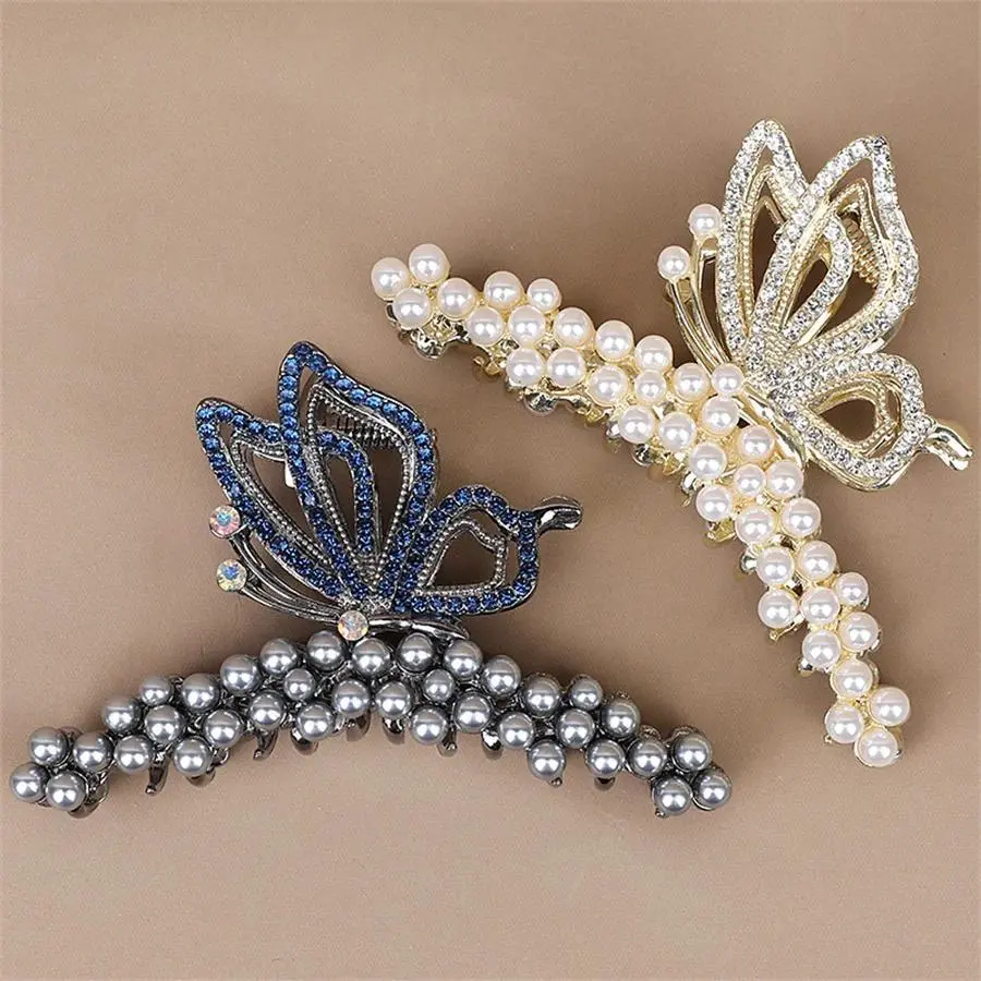 Fashionable pearl crystal butterfly clip women's high-end personalized shark clip Large Size hair volume and hair accessories, Resin