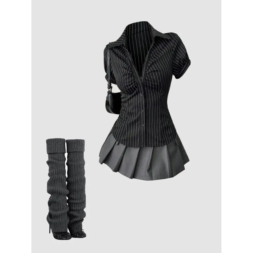 Preppy Streetwear Collared Ruched Shirt + Pleated Mini Skirt 2 Piece Outfit