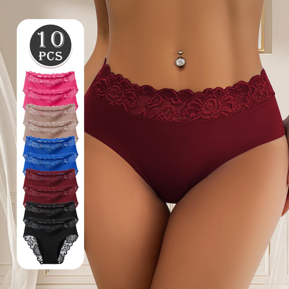 QUASTI 10 Piece Women's Mid Waist Lace Patchwork Sexy Seamless Underwear, High Elasticity Hip Lifting Breathable Soft Panties, Mixed Color Soft Basic Fit Fashion Underwear, S-XXL