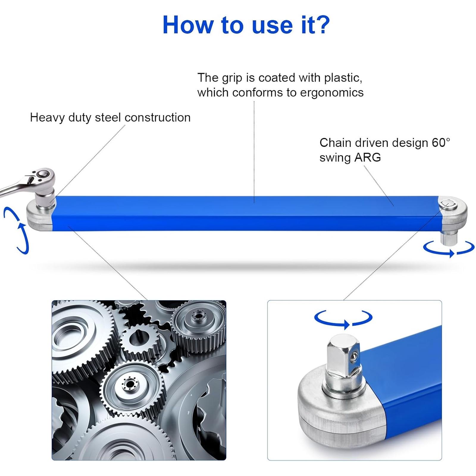 3/8 Inch Offset Extension Wrench,15 Inch Impact Ready Socket Wrench Extender Tool Set with 1/2", 1/4" and 3/8" Square Drive Adapters, Zero Degree Ratchet Tool for Car Blue, Multifunctional Wrench Set