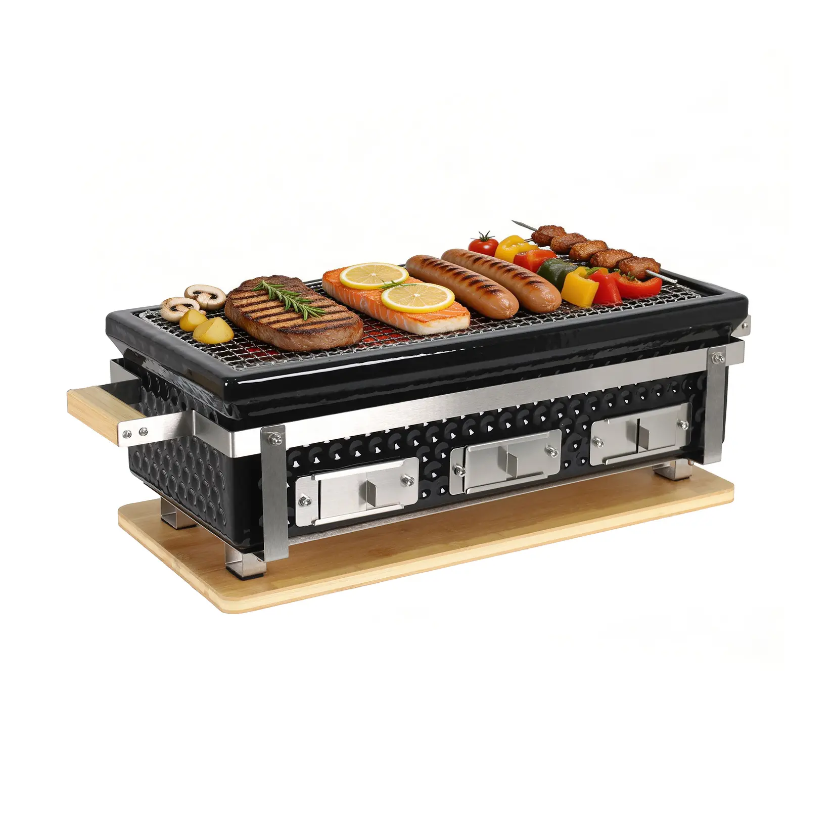 3-Vent Rectangular Hibachi Charcoal Grill with Grid Lifter, Portable Enameled Ceramic Yakitori BBQ for Outdoor Camping & Patio Tabletop