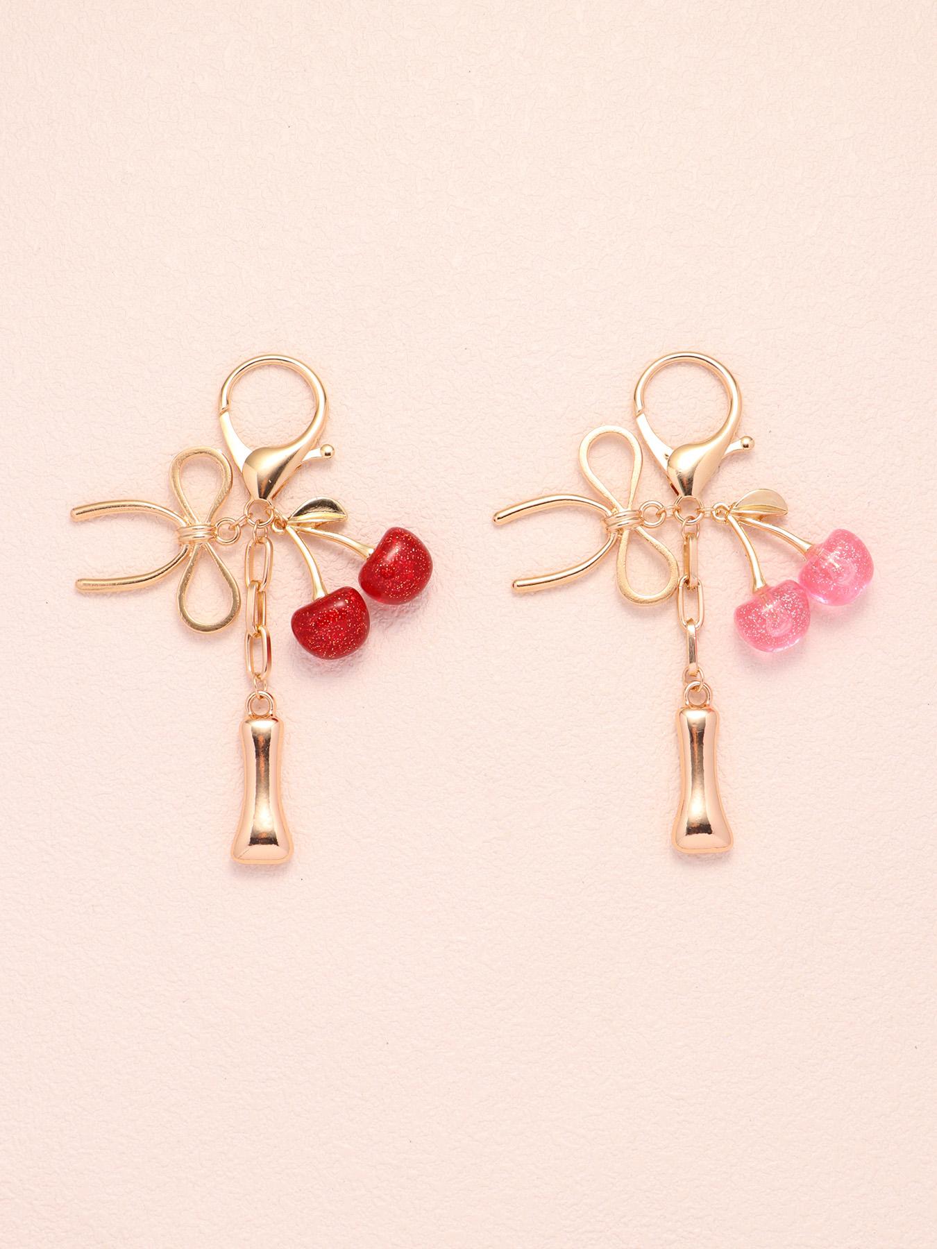 2pc Bubble Letter A-Z Keychains, Cute Initial Pendants, Metal Butterfly & Acrylic Cherry Decor, Personalized Bag Charms