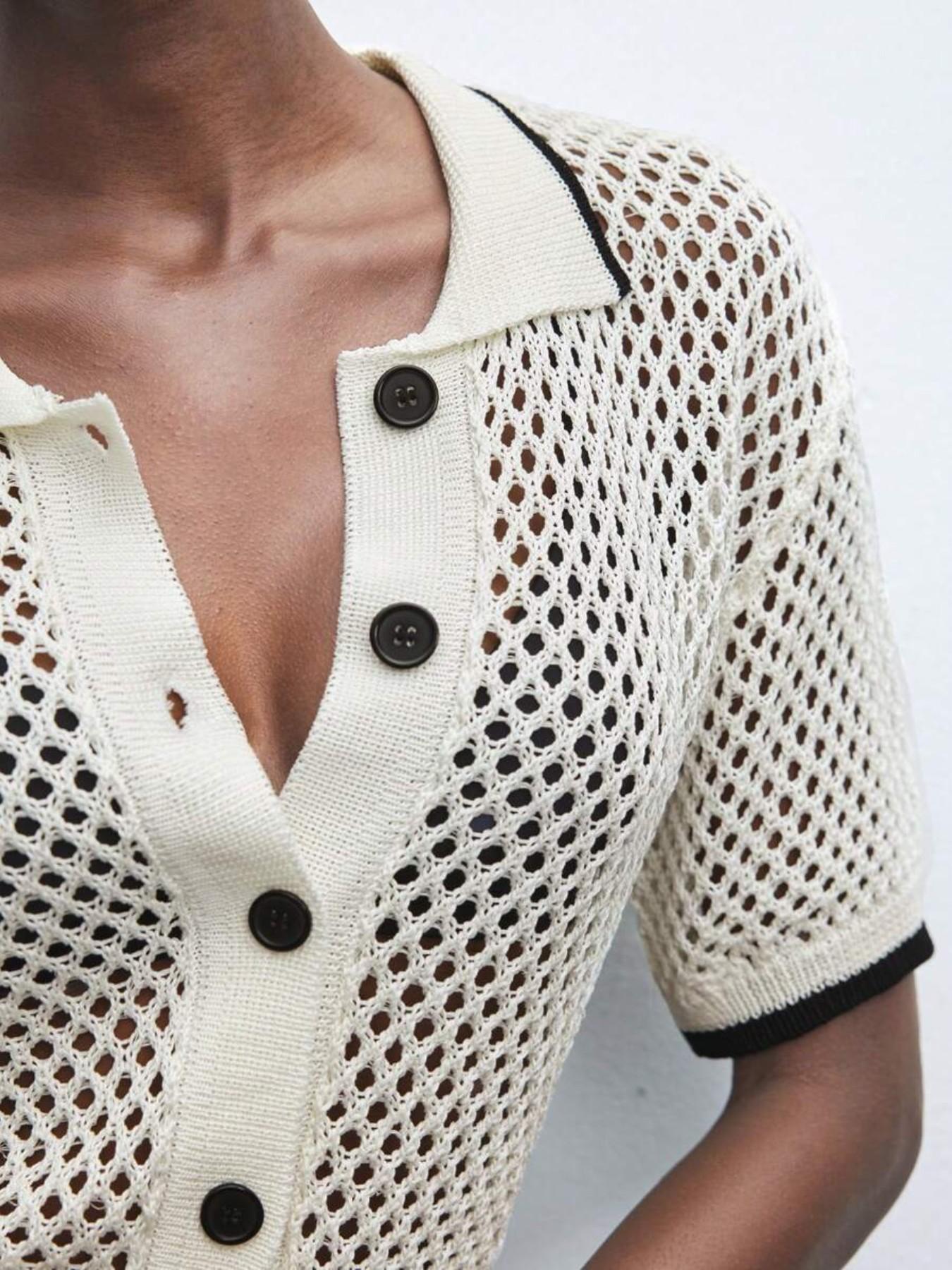 New Hollow-Out Knitwear, Women's Color-Block Short Sleeve Sweater, Elegant and Comfortable Polo Neck Top, Versatile Casual Wear