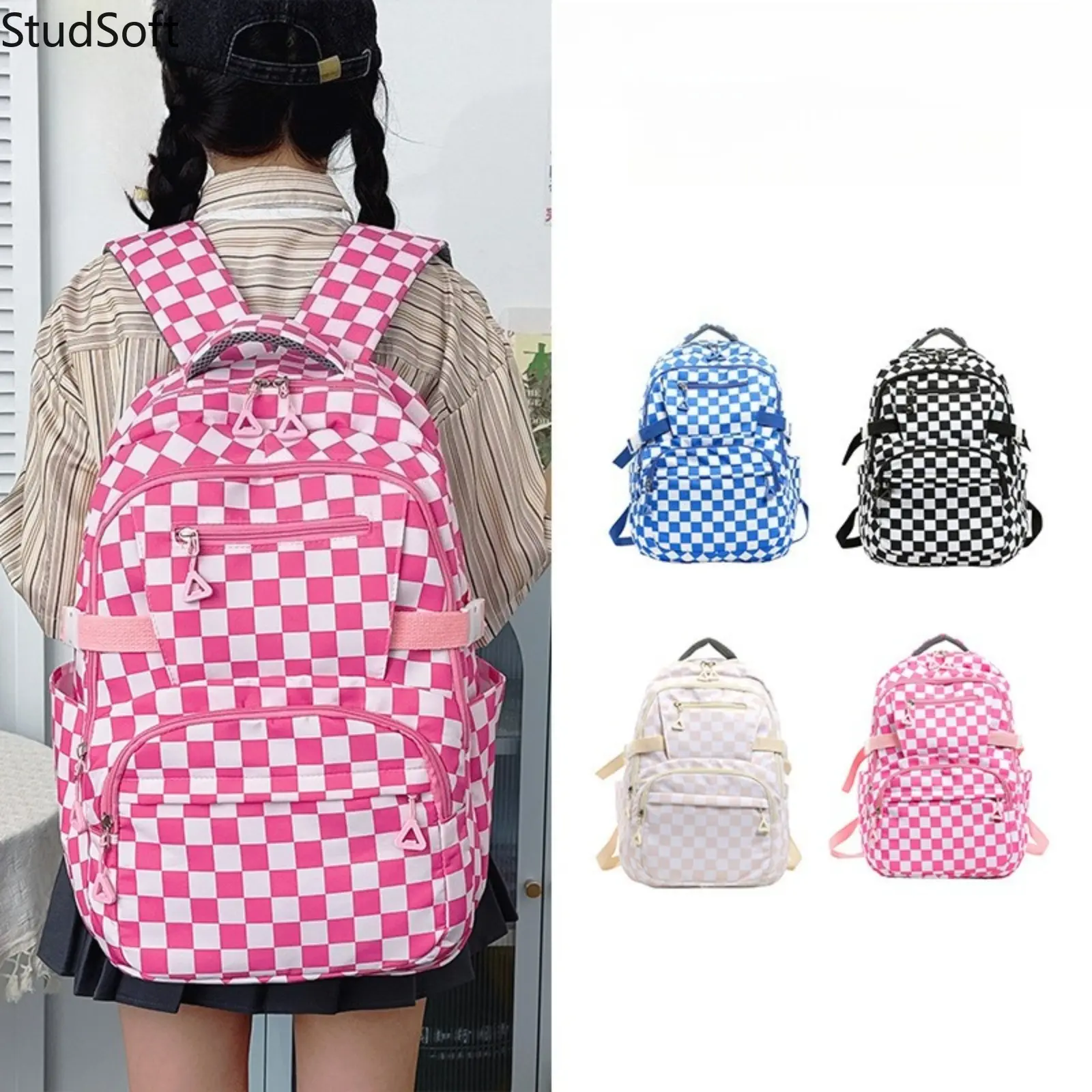 Checkerboard Backpack Large Capacity 4 Colors Plaid School Bag for Teen Girl Cute Bookbag Multi Pocket Laptop Rucksack Casual Travel School Commute