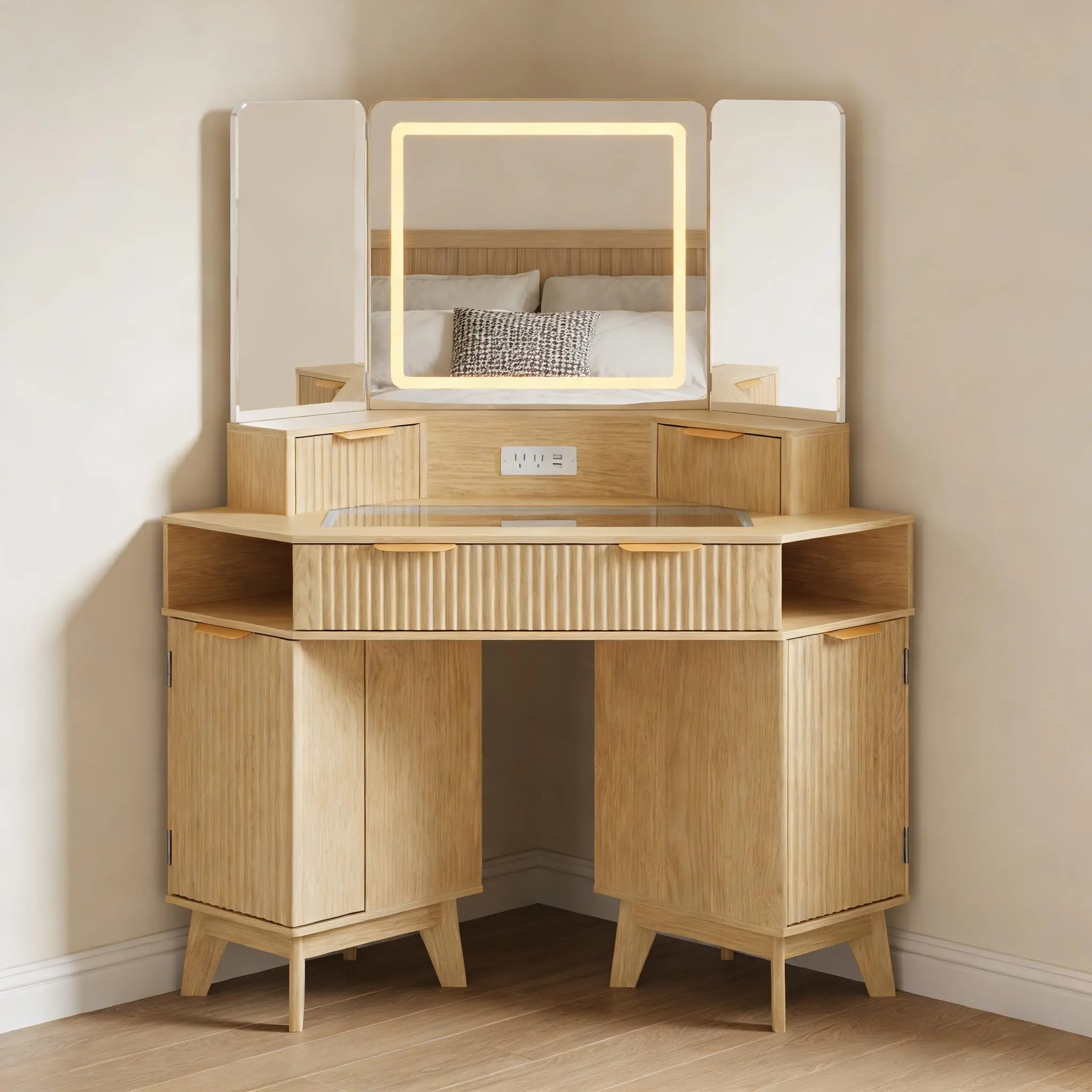 Garvee 48-in Fluted Modern Corner Makeup Vanity Desk with Glass Top, Charging Outlet, 3-Panel Lighted Mirror, Bedroom Dressing Table