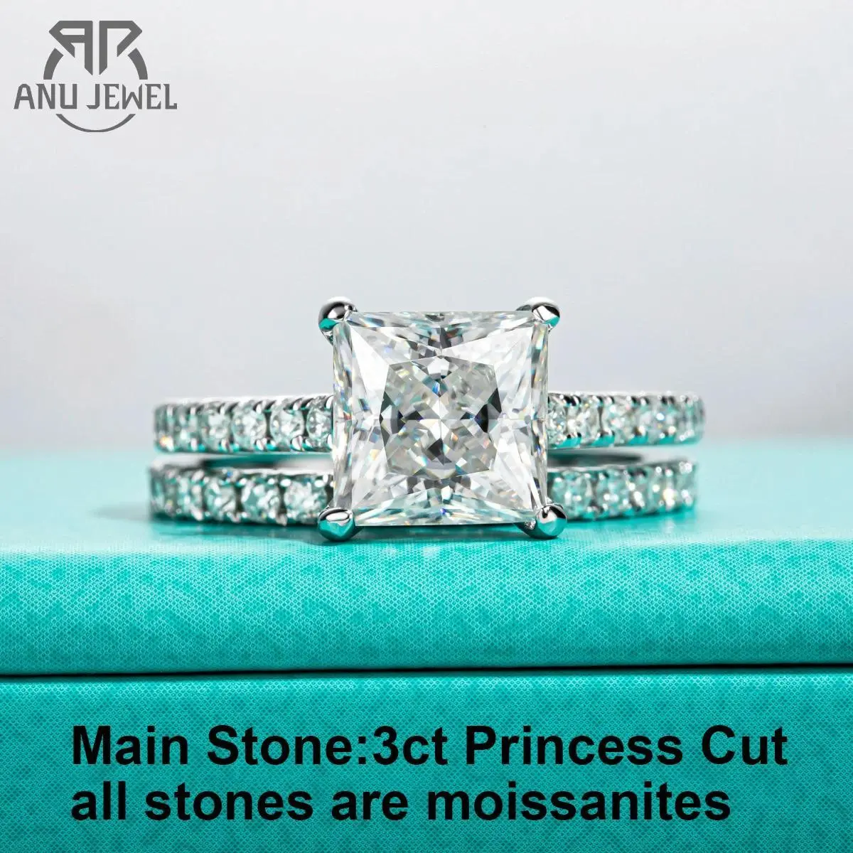 AnuJewel 3ct Princess Cut D colors Moissanite Engagement Ring Bridal Sets 925 Sterling Silver Wedding Band Ring Customs Jewelry