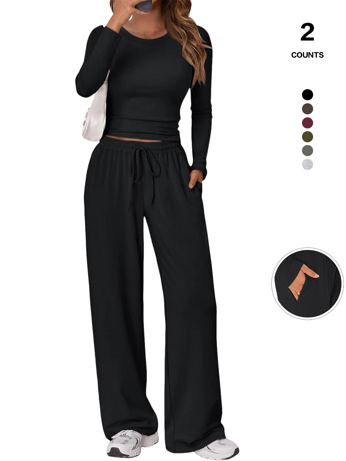 Women's 2 Piece Matching Lounge Set, Long Sleeve Slightly Crop Top & Wide Leg Pants, Casual Workout Set for Comfortable Wear