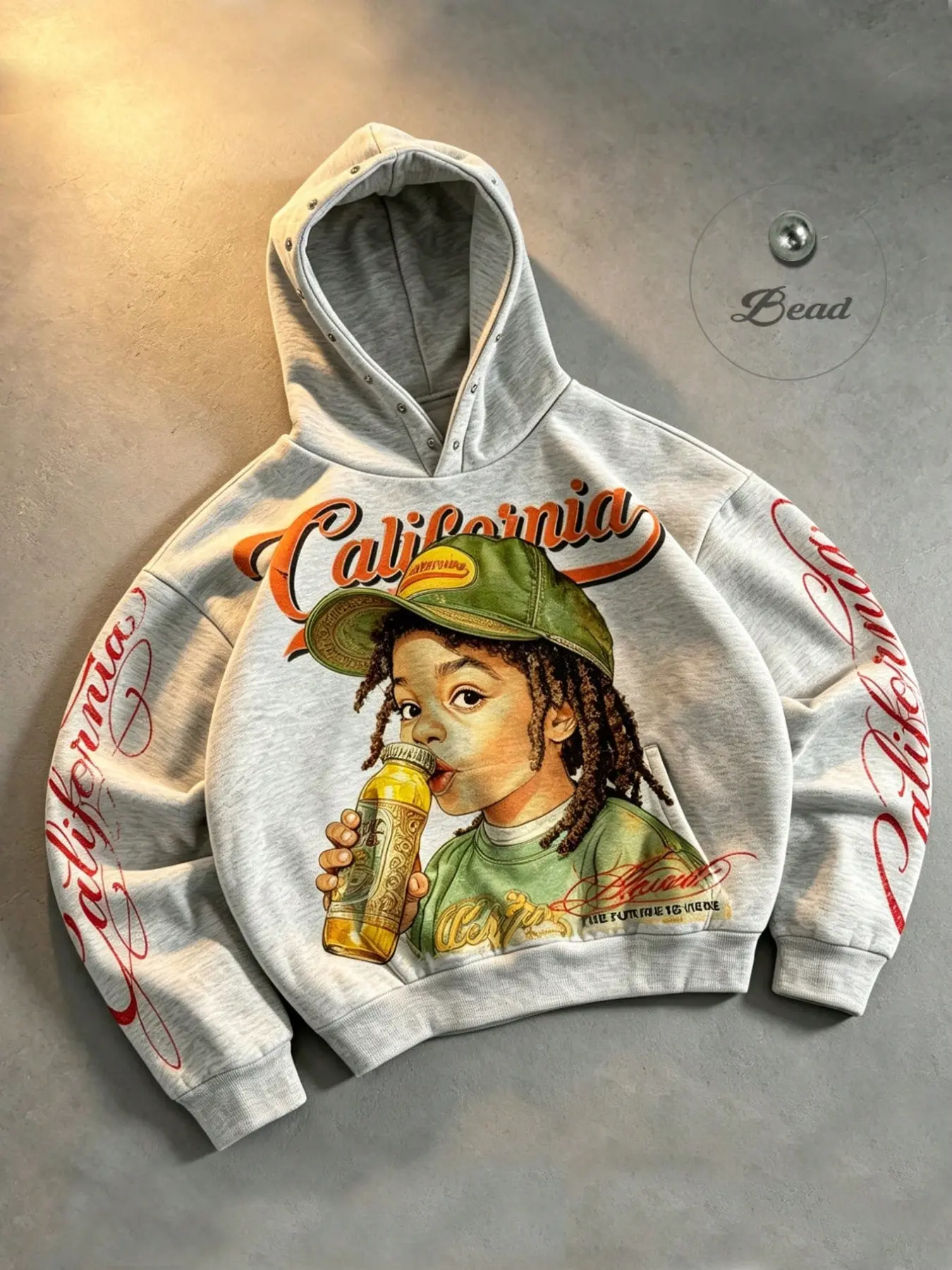 CALIFORNIA Dreadlocks Kids Studded Hoodie, American West Coast California Style, Children's Printed Sleeves, Red Floral Lettering, Unisex Hoodie, Silver Studded Short Hoodie, Graphic Hoodie Sweatshirt