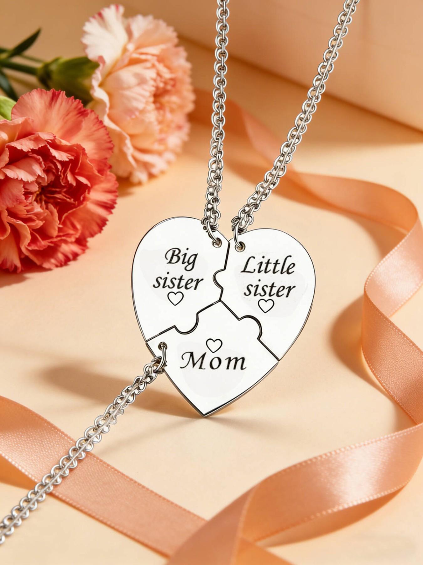 Set Of 3 Mother Sister Brother Heart Pendant Necklaces Stainless Steel Matching Family Love Jewelry Gifts