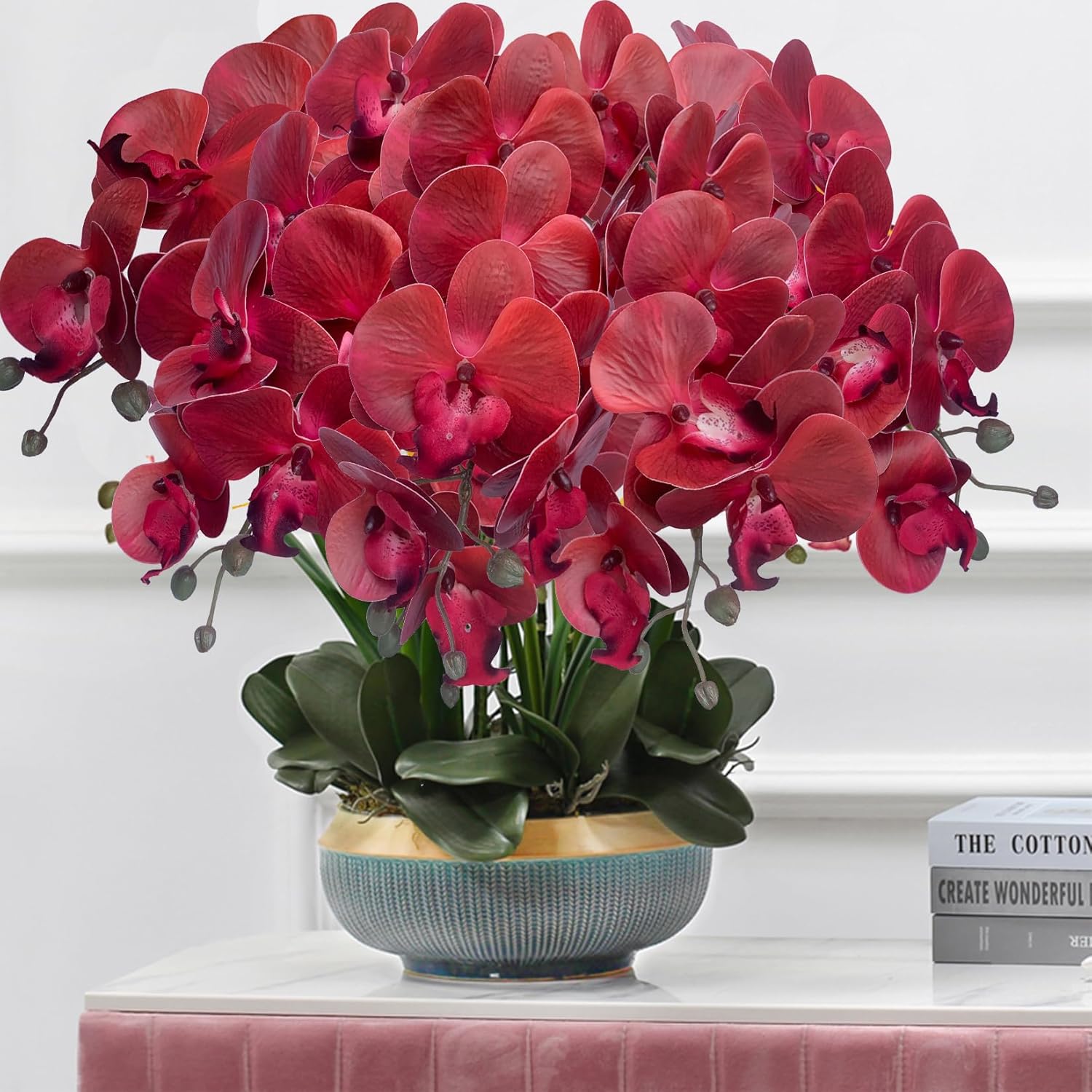 3 Pack Artificial Deep Red Phalaenopsis Orchid, Oil Painting Style Pink Purple Gradient Butterfly Orchid, Bendable Flower Spike, Realistic Home Wedding Festival Decoration