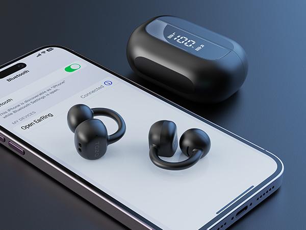TOZO-OpenEarRing True Open Ear Headphones, Lightweight Comfort Open Ear Clip Wireless Earbuds, Bluetooth 5.3 Headphones with Smart Digital Display Design Fit Sports Cycling, Running, Workout Black FathersDayGift Audio Headset Electronic
