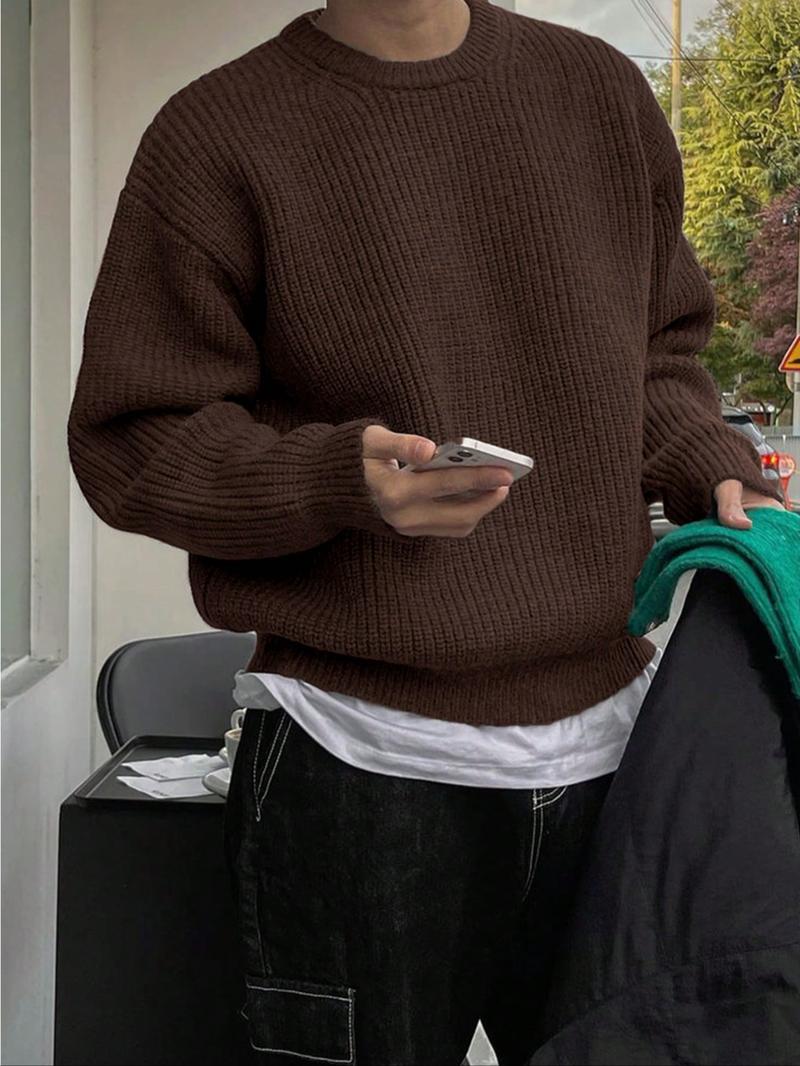 Men's Solid Drop-Shoulder Cable-Knit Sweater, Loose Casual Long-Sleeve Round-Neck Jumper for Fall & Winter, Fashion Knitwear for Daily Wear