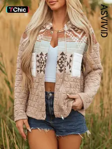 Women's Aztec Print Quilted Patchwork Jacket, Casual Elegant Western Style Stand Collar Coat, Winter Thick Outerwear with Chest Pockets