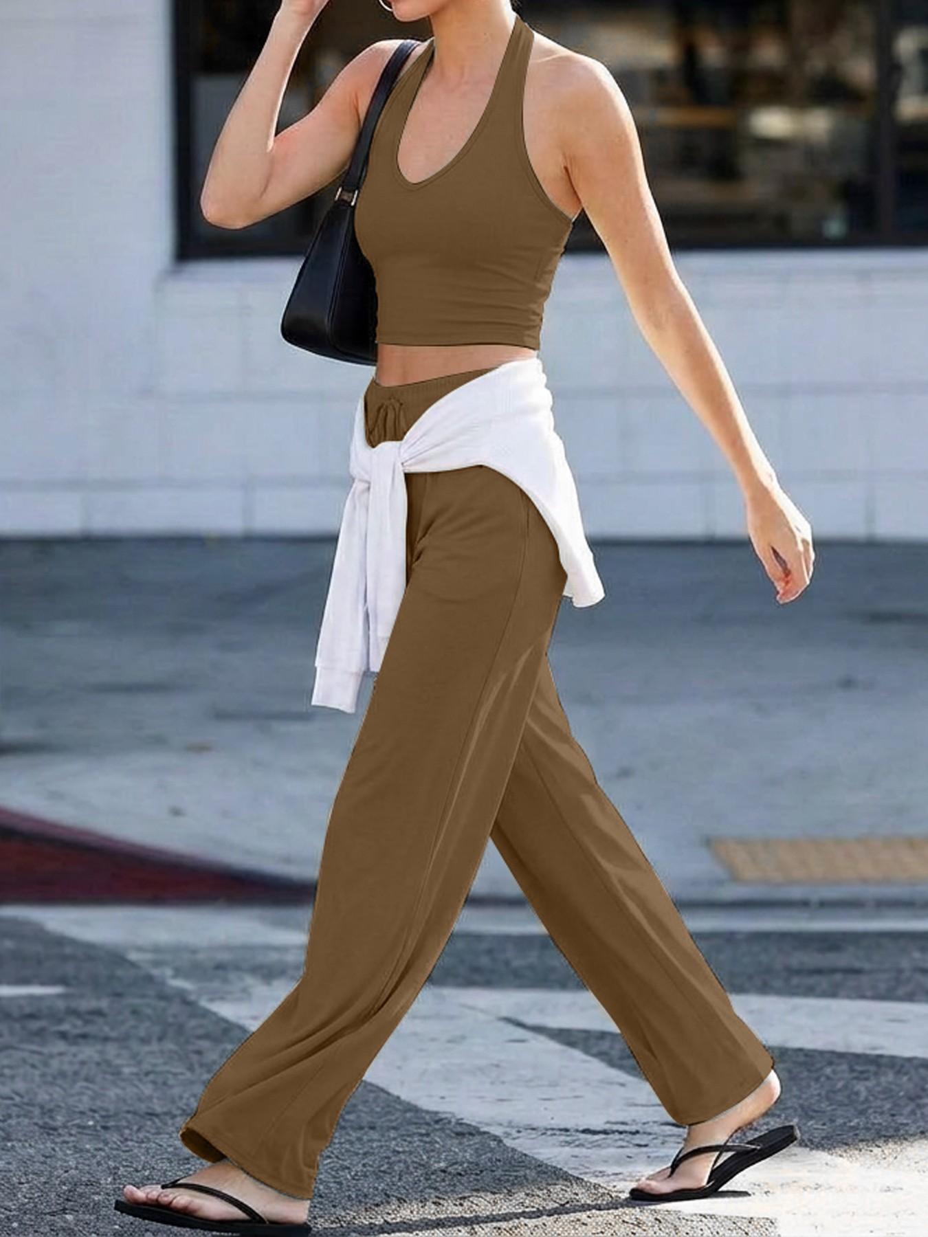 Women's Quick-Dry Sports Tank Top, Casual High-Waisted Bell Bottoms, Comfortable Sporty, All-Season Plain Style, Casual Sportswear Set, Casual Sportswear Outfit Women's Quick-Dry Sports Tank Top, Casual High-Waisted Bell Bottoms, Comfortable Sporty, All-Season Plain Style, Casual Sportswear Set, Casual Sportswear Outfit