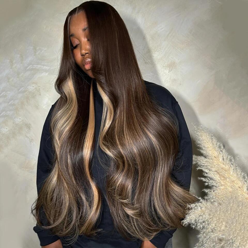 Brown Blonde Highlight Balayage Wig 13X6 Body Wave Human Hair Lace Front Wigs Pre Plucked 180% Density Highlight Ombre Colored Wigs Transparent Lace Frontal Wig Human Hair For Woman Natural Hairline SpringStatements