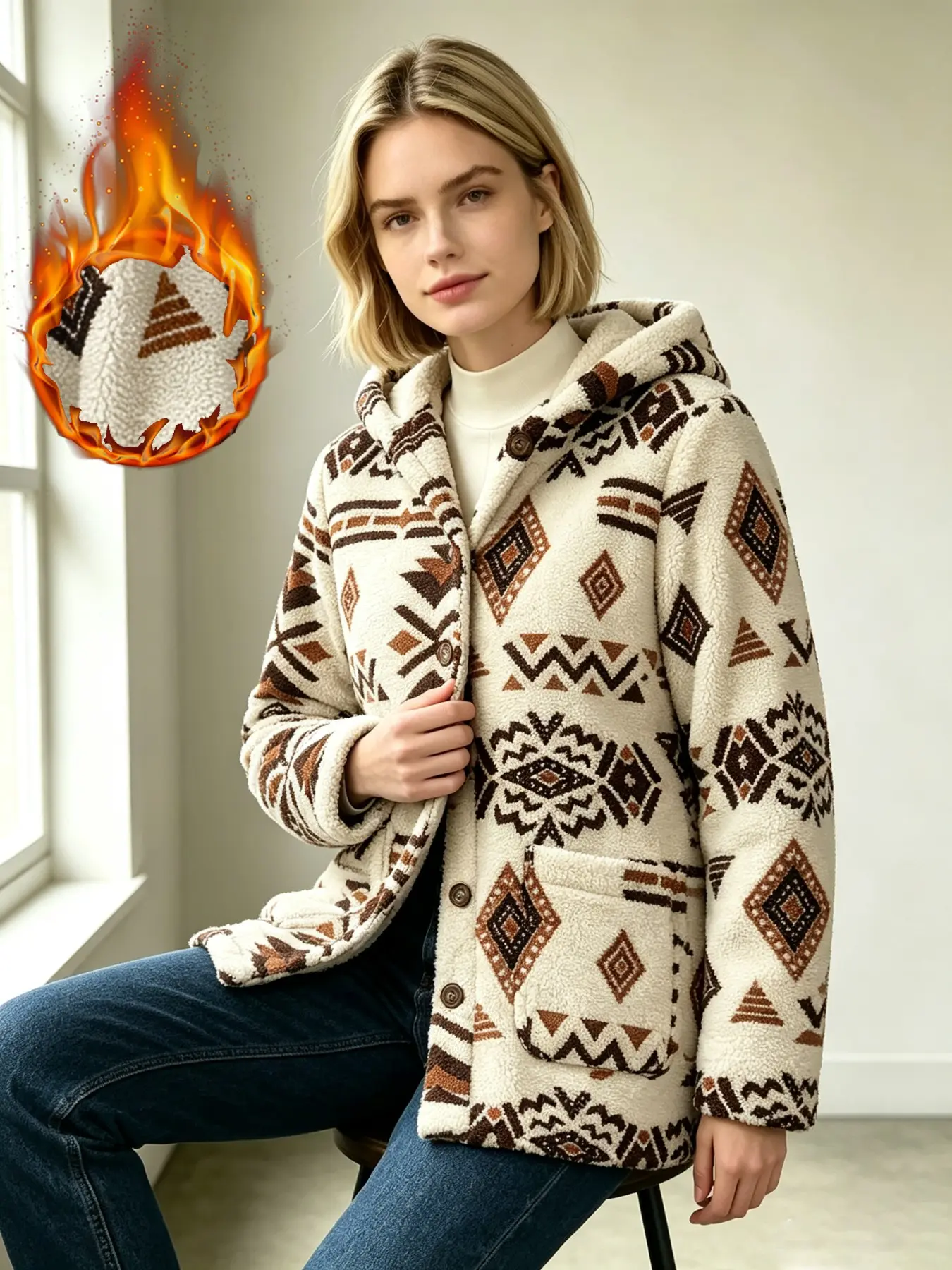 Women's Fall Winter Hooded Fuzzy Coat, Classic Geometric Ethnic Print, Single Button + Pockets, Soft and Cozy, Loose Fit, 1 Piece
