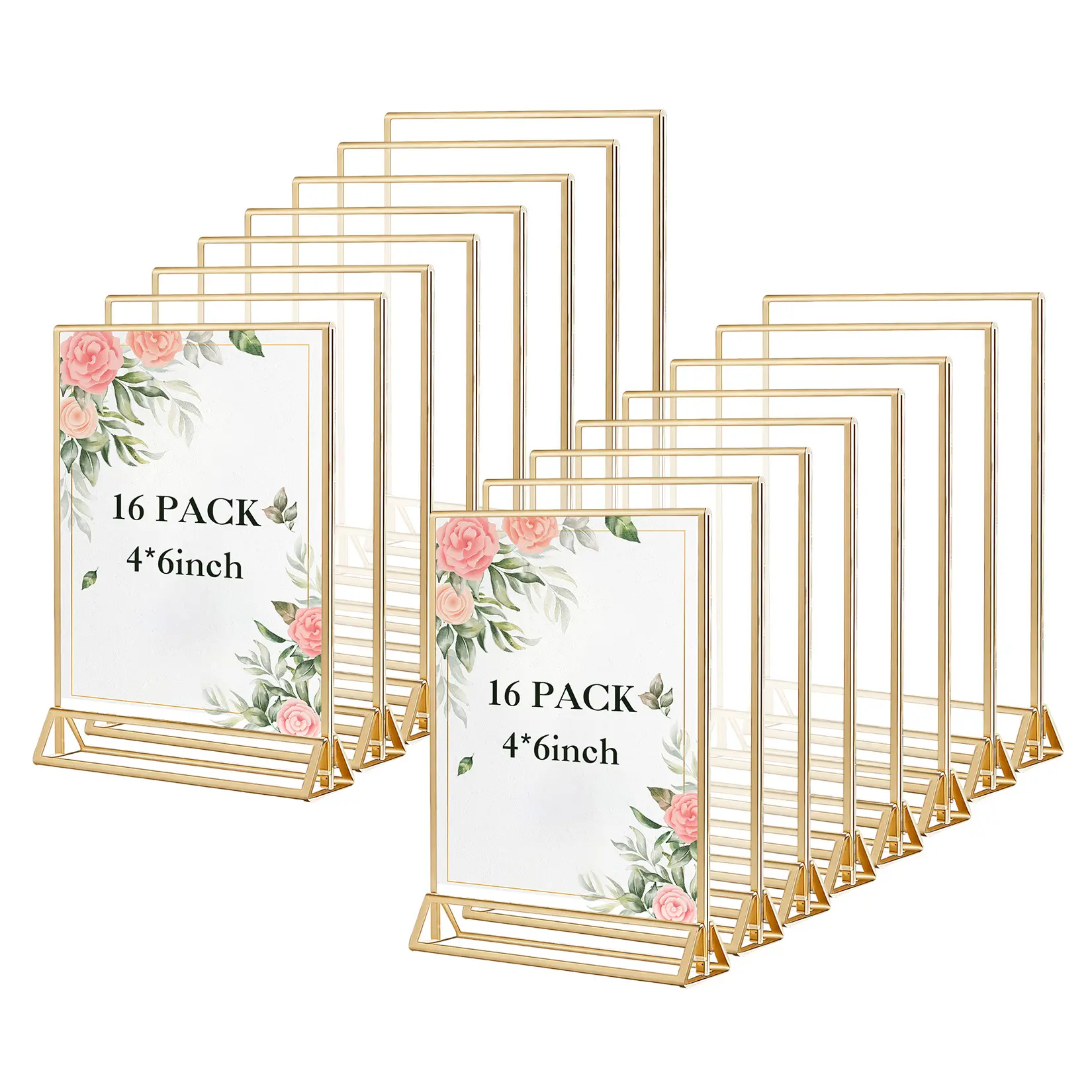 16 Pack Acrylic Sign Holders with Gold Vertical Frame, 4x6" Double-Sided Table Number & Menu Stand for Wedding, Restaurants, Table Numbers