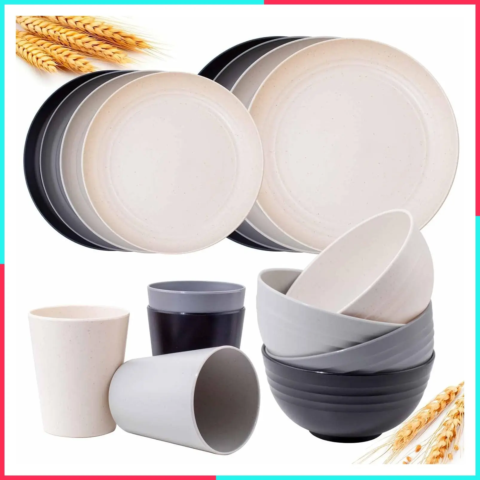 Wheat Straw Dinnerware Sets, 16PCS Plastic Dinnerware Set for 4, Wheat Straw Plates and Bowls Sets, Unbreakable Dinnerware Plastic Microwave Safe Dishes Set for Kitchen&Camping