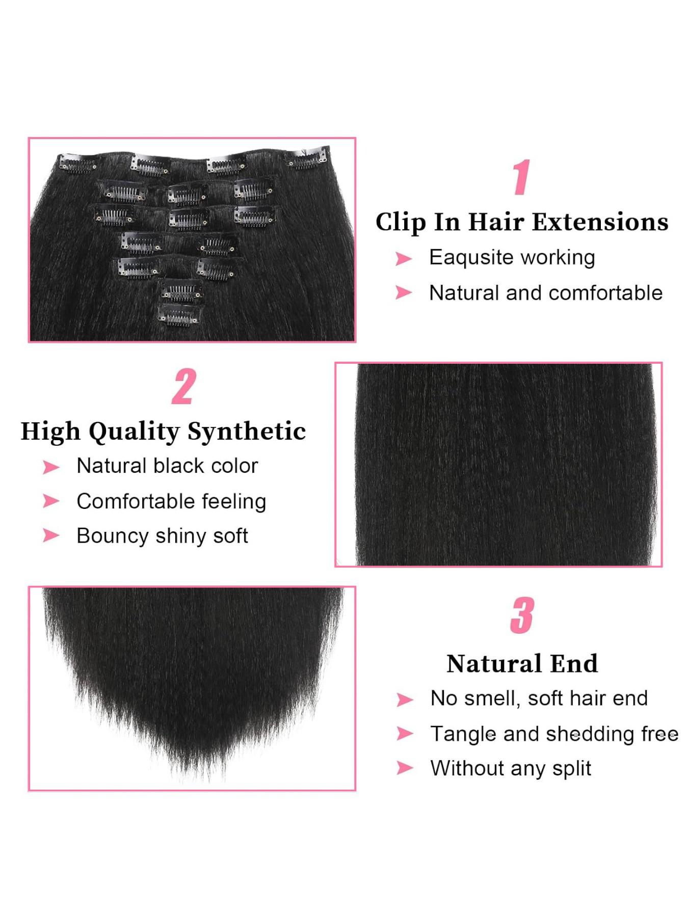 20"/22"/24"/26" 7-piece Yaki clip-in synthetic straight hair extensions with 16 clips, suitable for Black women, seamless volume-adding hair pieces, natural black
