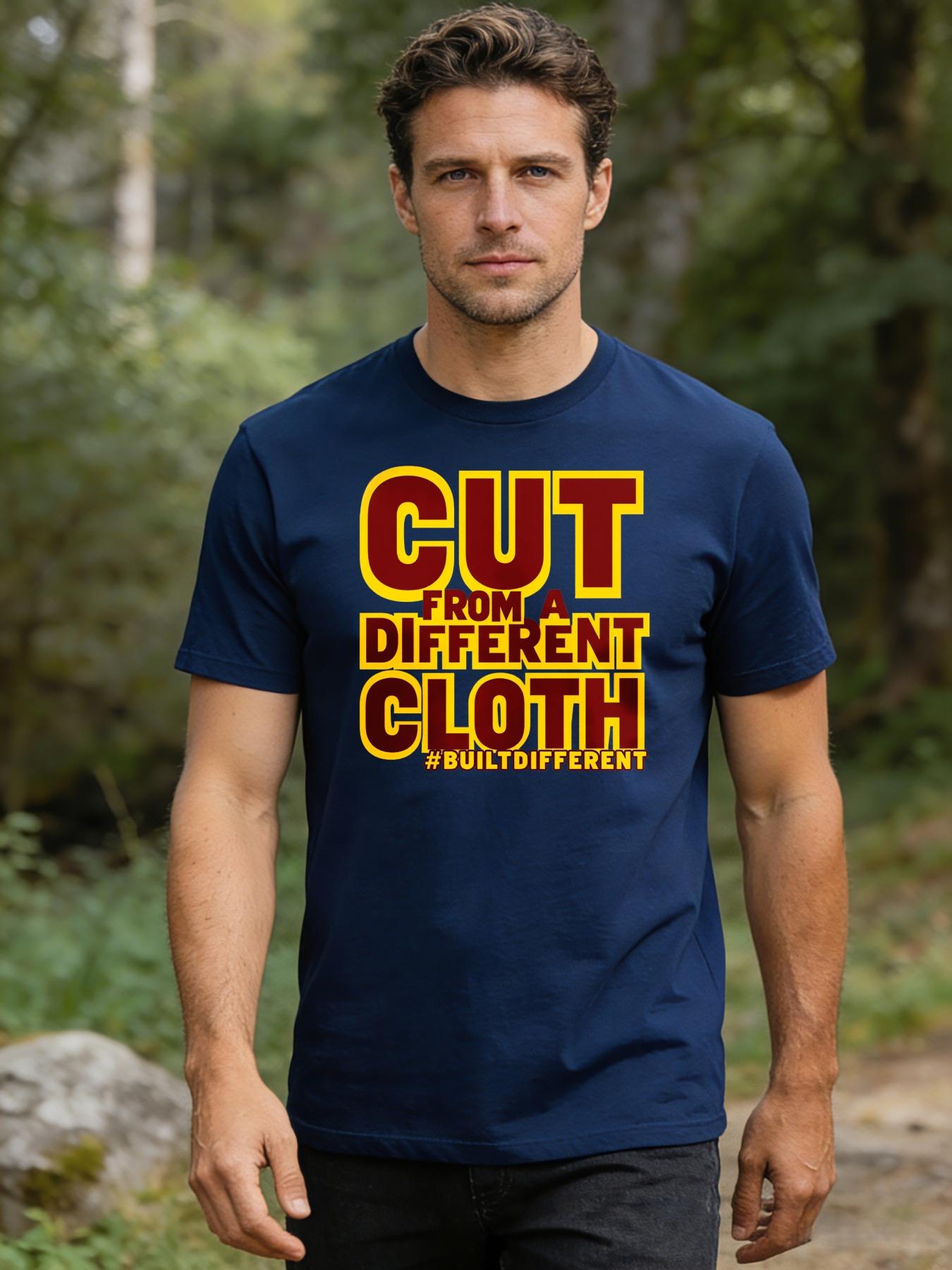 Men's T-shirt with trendy short sleeves featuring the printed text "CUT FROM A DIFFERENT CLOTH", ideal for casual streetwear