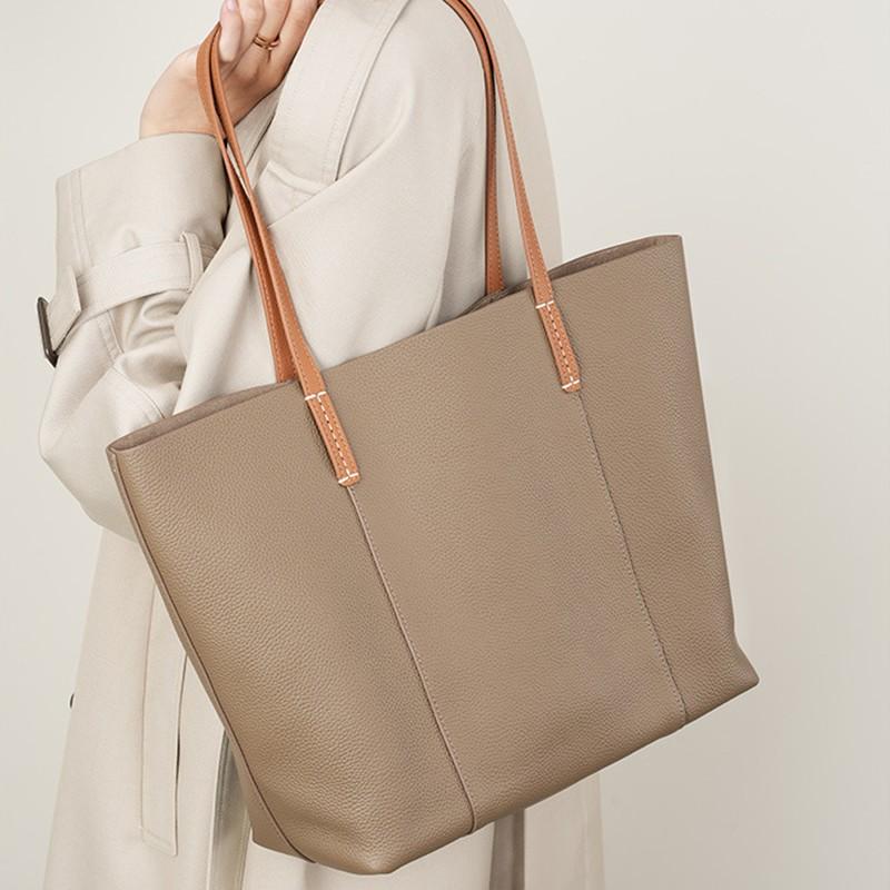 1pc Cowhide Leather Handmade Tote Bag, Spacious Commuter Handbag for Office Ladies, Stylish Daily Single Shoulder Bag with Inner Pouch.