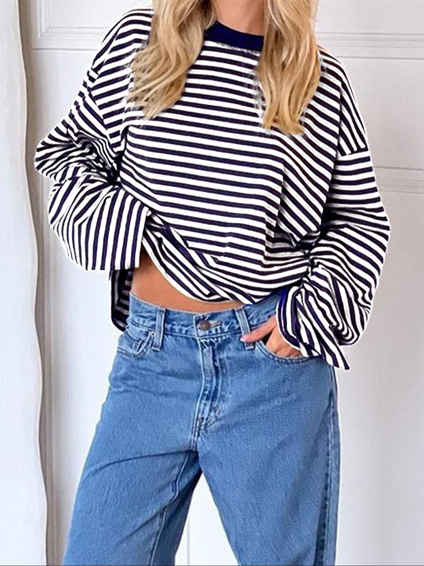 Women's Casual Loose-Fit Striped Long Sleeve Oversized Top, Trendy Street Style Round Neck Pullover Womenswear