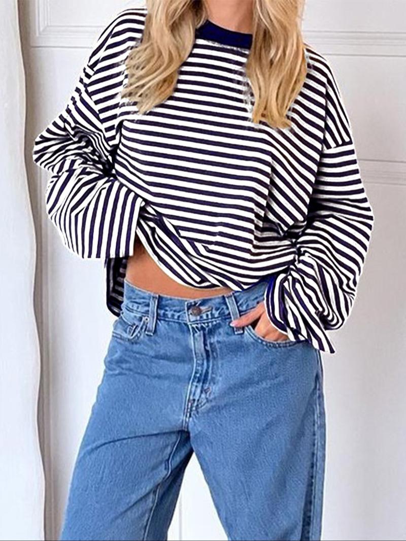 Women's Casual Loose-Fit Striped Long Sleeve Oversized Top, Trendy Street Style Round Neck Pullover