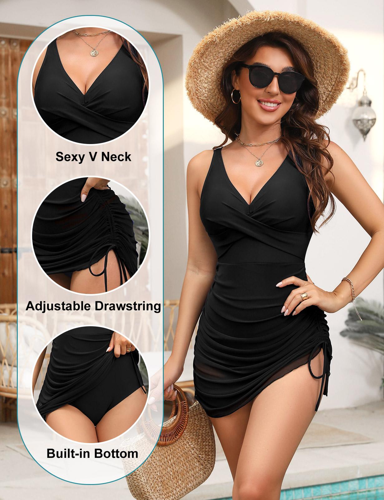 Women One Piece Swimsuits Tummy Control Swim Dress Front Cross Bathing Suits Mesh Sheer Sarong Wrap Slimming Swimwear