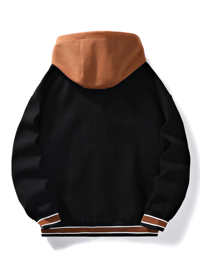 Men's Jacket Spring Autumn Winter Casual Trendy Couple Style Loose Fake Two-Piece Hooded Coat varsity Black Long Sleeve