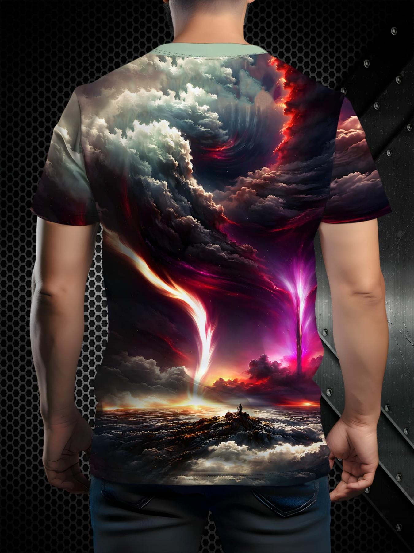 Unisex Vintage T-Shirt, Gradient Sunset Print, Loose Fit Short Sleeve, Casual Daily Wear, Outdoor Commute, Trendy Fashion