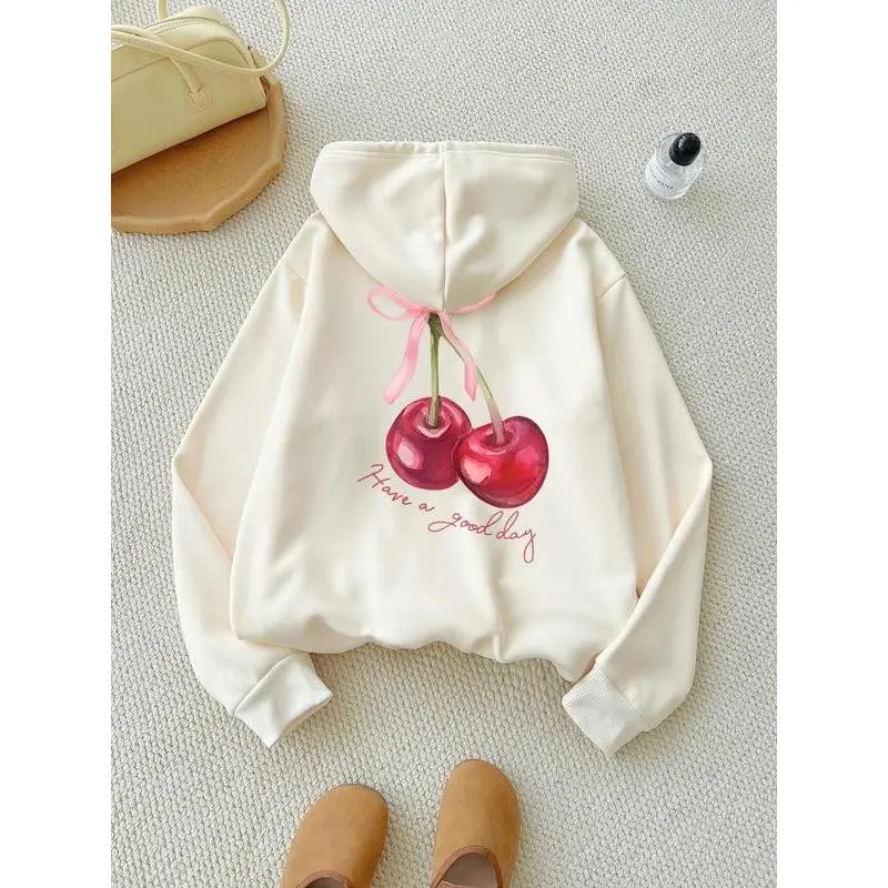 Women's Cherry & Letter Print Drawstring Hoodie, Fashion Casual Long Sleeve Hooded Sweatshirt for Daily Holiday Outdoor Wear, Women Clothes for Fall & Winter