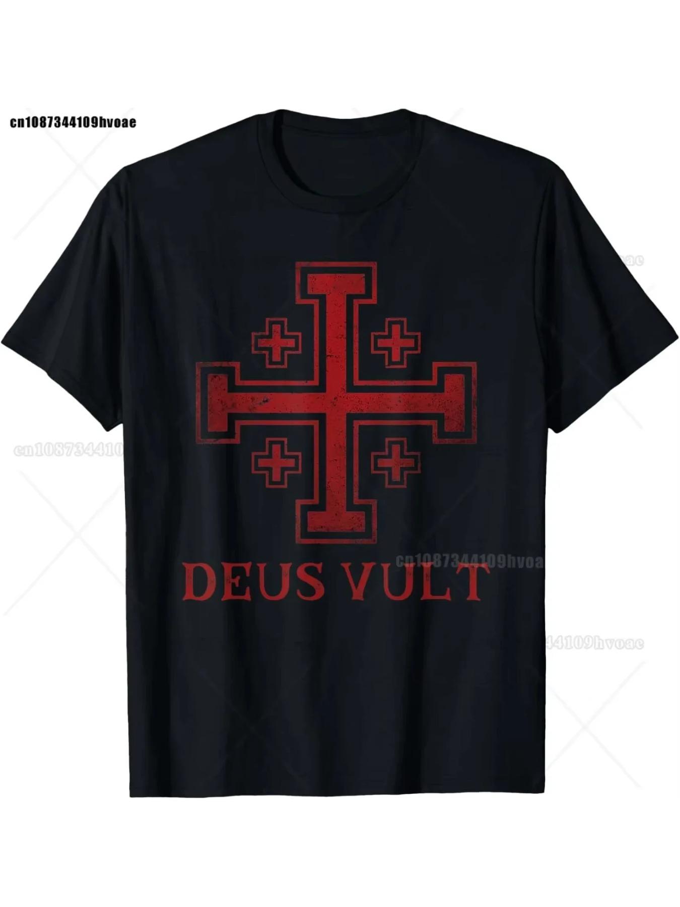 Templar Knight T-shirt, Deus Vult Vault Knight Templar Cross T-shirt, Street Fashion Comfortable Unisex Short-sleeved Casual Top