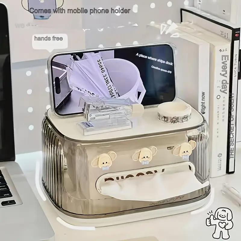 Transparent Desk Tissue Box Dispenser Bin with 4 Storage Functions, Paper Towel Holder, Drawer, Remote Control Storage, Modern Home Office Accessories, Bathroom Organizer