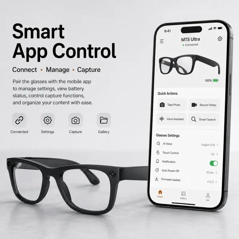 New Mt5 Ultra Ai Smart Glasses, 8mp HD Camera, Voice Recording, Real-Time Translation, Bluetooth-compatible Call, 300mah Battery, 2000mah Charger, Unisex