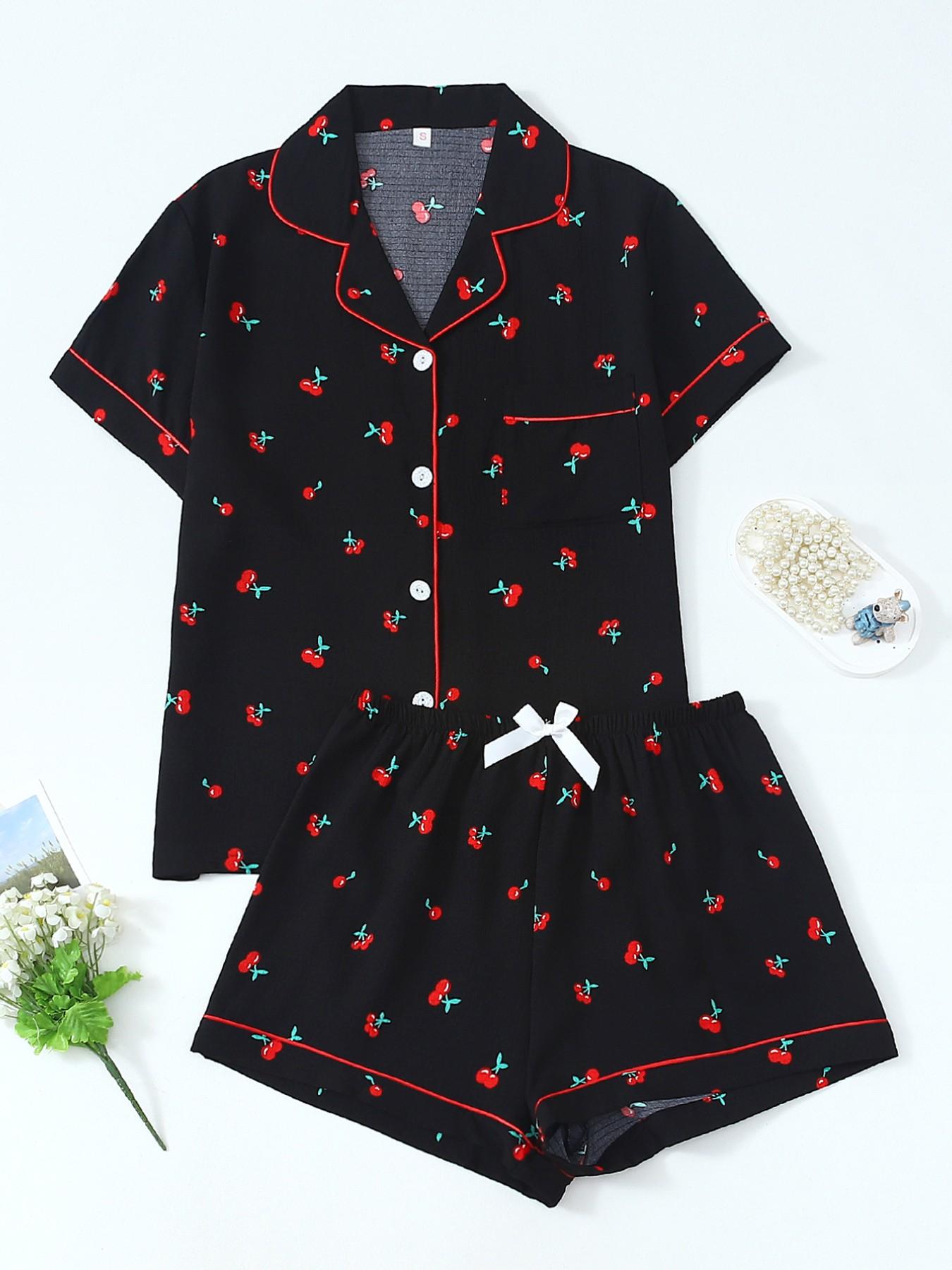 Women's Short Sleeve Button Down Top and Shorts Pajama Set, Spring Summer Wear, For Sweet Cool Baddies, Black Base With Red Cherry Print, Classic Lapel Collar With Contrast Red Piping, Loose Fit, Comfortable For Home & Going Out